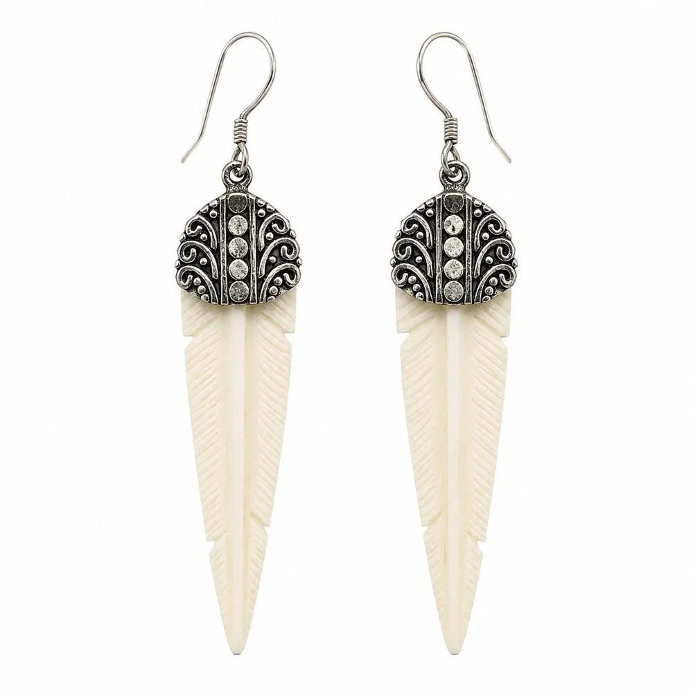 925 Sterling Silver Carved Cone Feather Earring Boho Western Southwestern Earthy